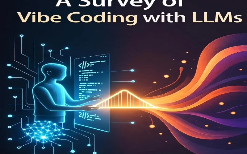 تصویری مفهومی از کدنویسی حسی (Vibe Coding) با مدل‌های زبان بزرگ (LLM) و تعامل انسان . عامل هوش مصنوعی