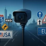 Split-screen image showing American and European–Asian environments connected by a unified ANPR and LPR AI license plate recognition system.