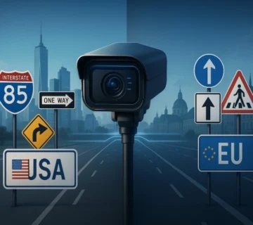 Split-screen image showing American and European–Asian environments connected by a unified ANPR and LPR AI license plate recognition system.
