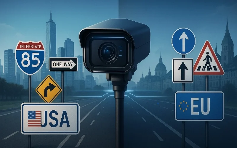 Split-screen image showing American and European–Asian environments connected by a unified ANPR and LPR AI license plate recognition system.