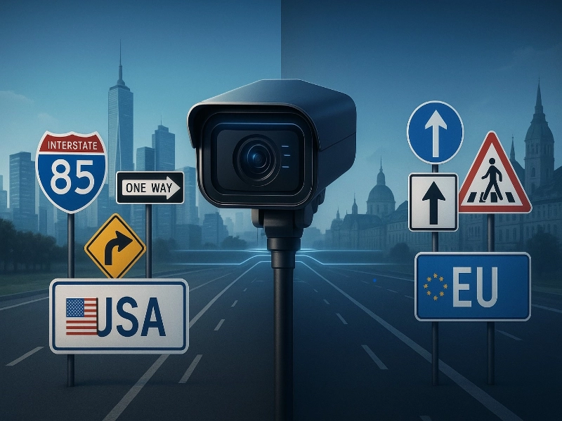 Split-screen image showing American and European–Asian environments connected by a unified ANPR and LPR AI license plate recognition system.